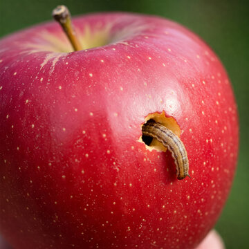 red apple with worm hole and visible caterpillar