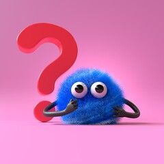 Fluffy, cute monster beside a question mark, symbolizing inquiry or curiosity. 3D rendering, conceptual image. Isolated on white background.