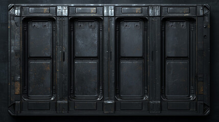 Dark metallic sci-fi wall panel with a worn industrial texture, featuring four vertical sections and a futuristic design.