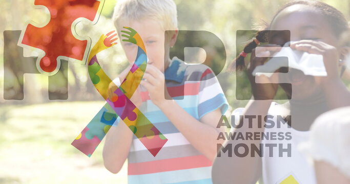 Image of colourful puzzle pieces and autism text over children sneezing