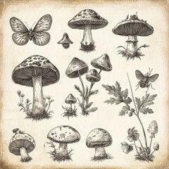 Hand-Drawn Illustrations of Mushrooms and Insects in Vintage Style