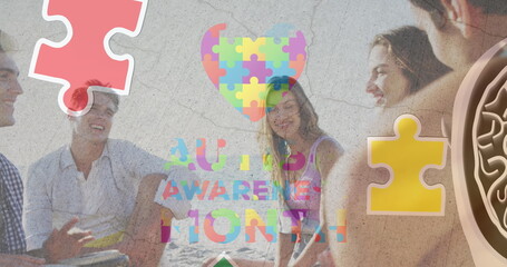Image of colourful puzzle pieces over happy friends at summer beach party