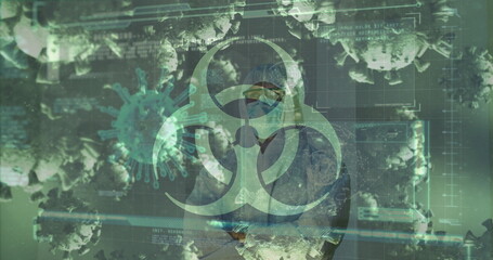 Image of covid cells over male doctor looking at screen with medical data processing