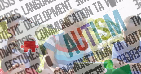 Image of colourful puzzle pieces and autism text over children using tablets