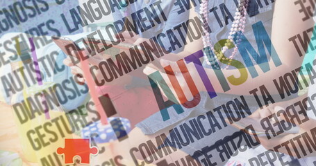 Image of colourful puzzle pieces and autism text over friends using smartphone and tablet