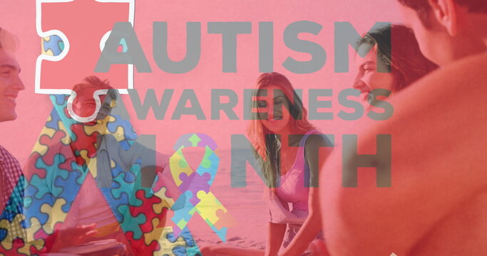 Image of colourful puzzle pieces and autism text over happy friends at summer beach party