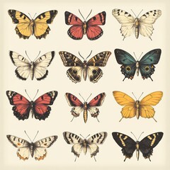 Fototapeta premium Vintage Illustrated Collection of Colorful Butterflies and Moths