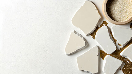 Light Beige Stone Tiles With Wooden Bowl Of Rice On White Background