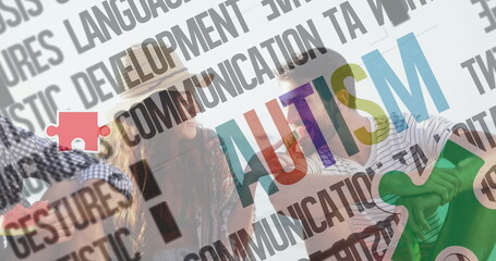 Image of colourful puzzle pieces and autism text over happy friends at summer beach party