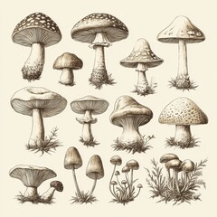 Vintage Botanical Illustration of Various Mushroom Species