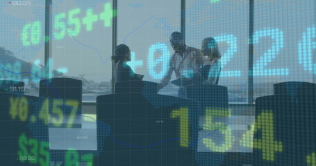 Image of financial data processing over diverse business people talking