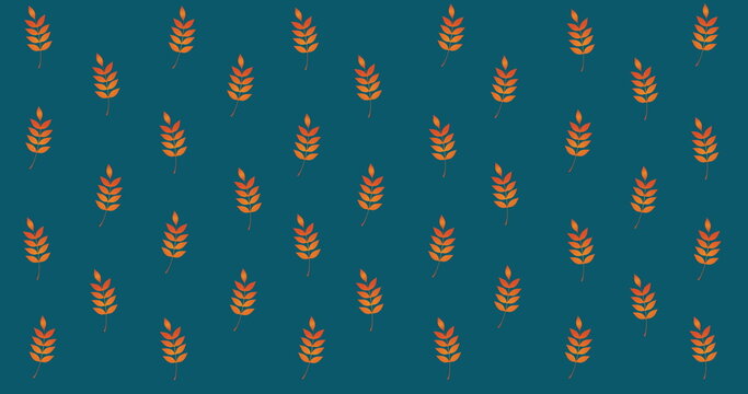 Fototapeta Image of multiple orange autumn leaves over blue background