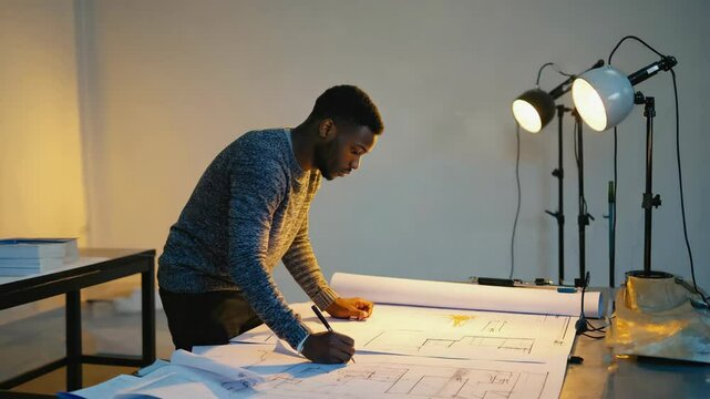 African-American architect creating technical blueprints on a metal drafting table under bright lighting in studio, focused concentration