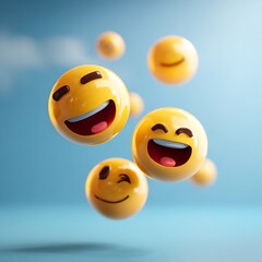 Fototapeta premium Floating Yellow Emojis on Blue – Realistic World Emoji Day Set