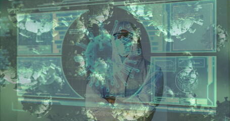 Image of covid cells over male doctor looking at screen with medical data processing