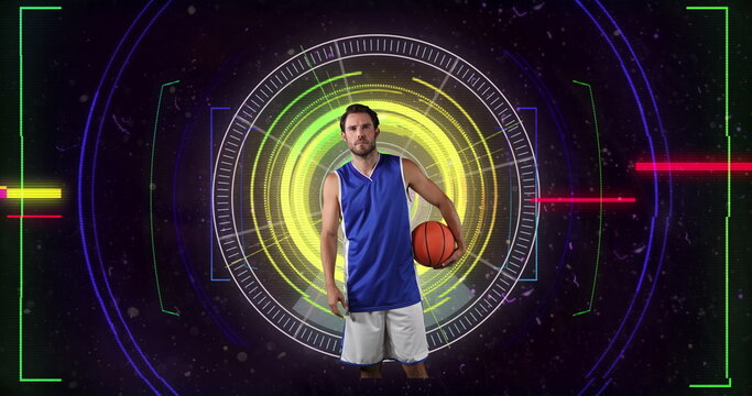 Image of caucasian male basketball player over scope scanning on black background