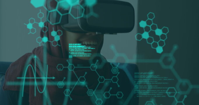 Image of chemical compounds and medical data processing over woman wearing vr headset - Powered by Adobe