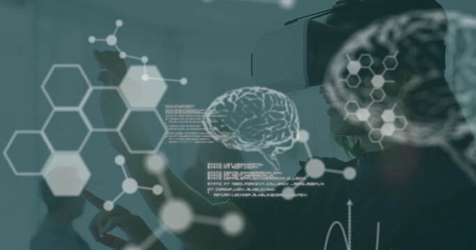 Image of chemical compounds and brains over woman wearing vr headset - Powered by Adobe