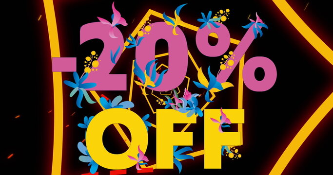 Image of rotating pentagons and 20 percent off text on black background