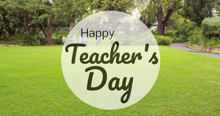 Image of happy teachers day text over diverse schoolchildren running