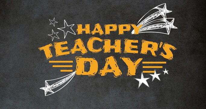 Image of happy teachers day text over star icons and board
