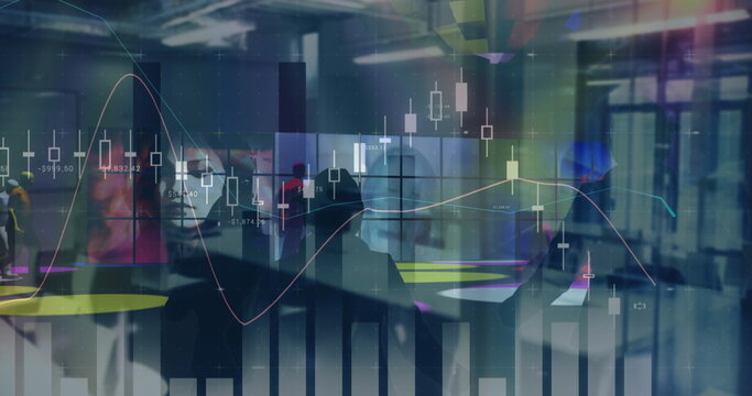 Image of financial data processing over diverse business people dancing in modern office