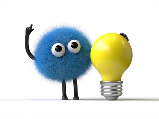 Fluffy, cute monster with a lightbulb, symbolizing ideas and innovation. 3D rendering, conceptual image. Isolated on white background.