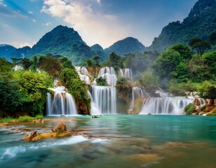 Beautiful waterfall, long exposure of many layers of waterfall to the river with clear blue color water