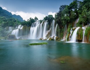 Obraz premium Beautiful waterfall, long exposure of many layers of waterfall to the river with clear blue color water
