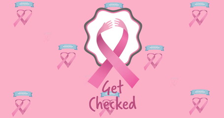 Image of get checked text with pink ribbon on pink background