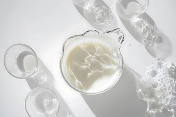 Glass jug filled with fresh milk, surrounded by a clean glass, isolated on a white background