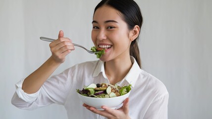 young woman eating salad