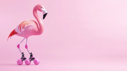 Fototapeta premium Pink flamingo on roller skates, a playful image.