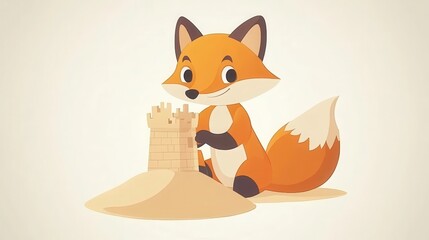 Obraz premium Cute fox constructs a sandy castle.