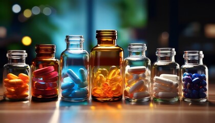 medicine white glass clear bottles and colorful pills on the table 