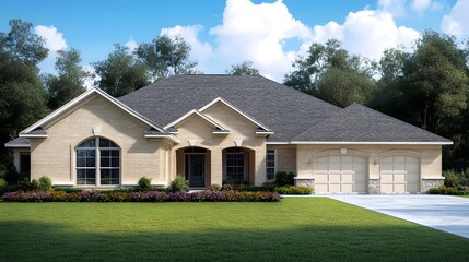 Beautiful Brick Ranch House Exterior Design with Two-Car Garage