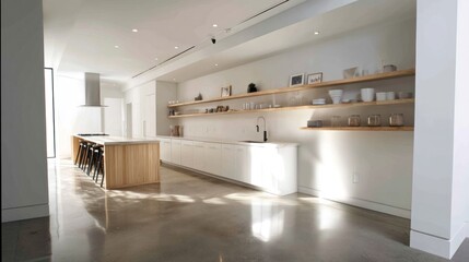 Polished concrete floor kitchen with minimalist shelving
