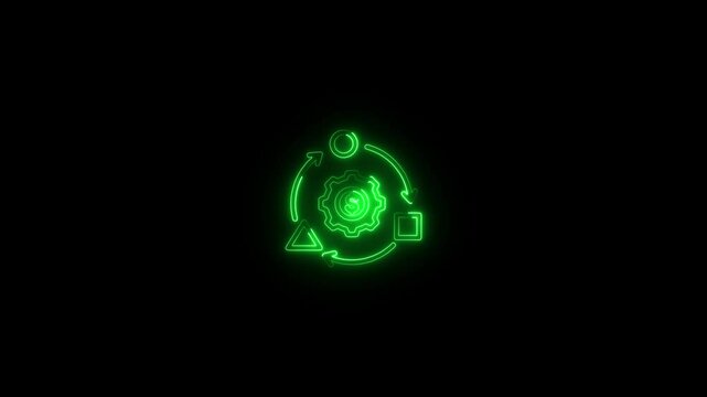 Process of implementation, business icon. Workflow process, gear and arrows, automate business operation.Colorful gear icon on a black abstract background.