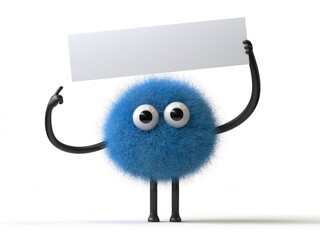 Fluffy, cute monster holds a blank sign, symbolizes information and advertising display. 3D rendering, conceptual image. Isolated on white background.