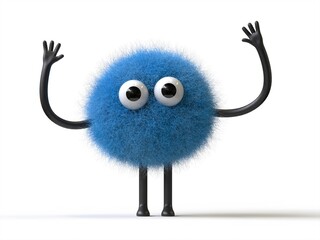 Fluffy, cute monster with raised arms, symbolizing excitement or victory. 3D rendering, conceptual image. Isolated on white background.