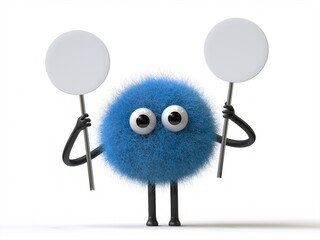 Fluffy, cute monster holds a blank sign, symbolizes information and advertising display. 3D rendering, conceptual image. Isolated on white background.