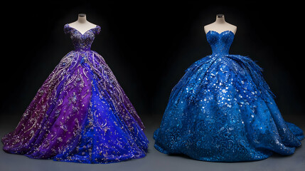 Two Stunning Sequined Ball Gowns In Purple And Blue
