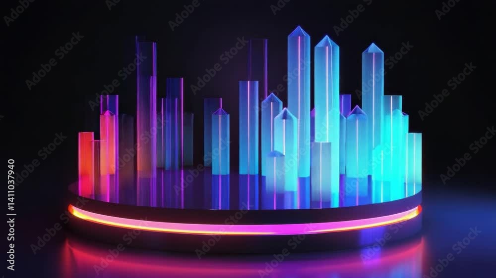 Poster vibrant display of colorful neon illuminated crystal structures in various heights and shapes, creat