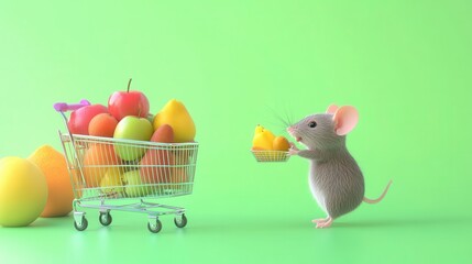 Cute mouse carrying a treat from a miniature shopping cart filled with fruit.