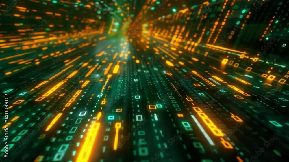 Poster dynamic digital landscape vibrant streams of binary code in green and orange, evoking futuristic tec