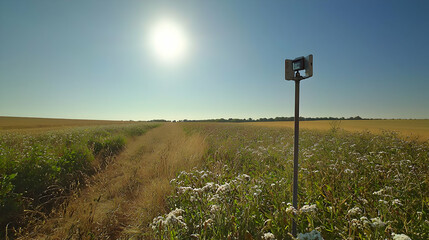 Golden Wheat Field With Wooden Pole And Camera Device
