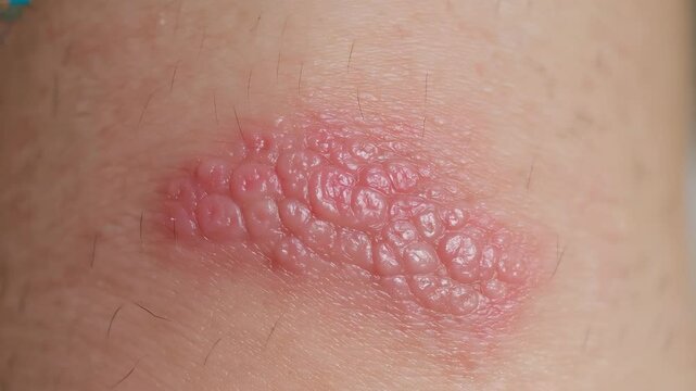 Close-up of Skin Condition Showing Grouped Blisters, Texture, and Redness on Human Skin