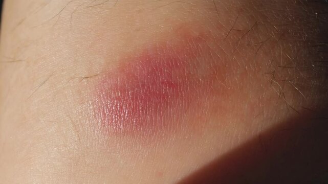 Close-up of a red inflammatory mark on skin, indicating a potential allergic reaction or insect bite with hair follicles around