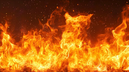 Fiery flames against dark background; abstract fire display; potential use for graphic design