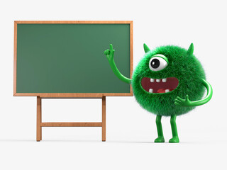 Fluffy, cute monster points to a blank chalkboard, symbolizing education or ideas. 3D rendering, conceptual image. Isolated on white background. © Jane